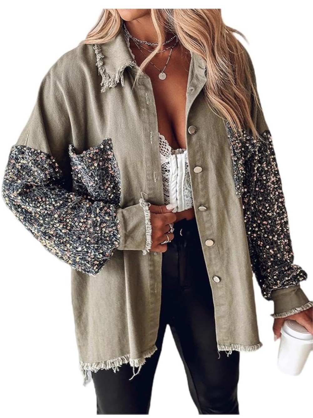 Chic Me Denim Sequin Jacket, Khaki, Size Lareg
